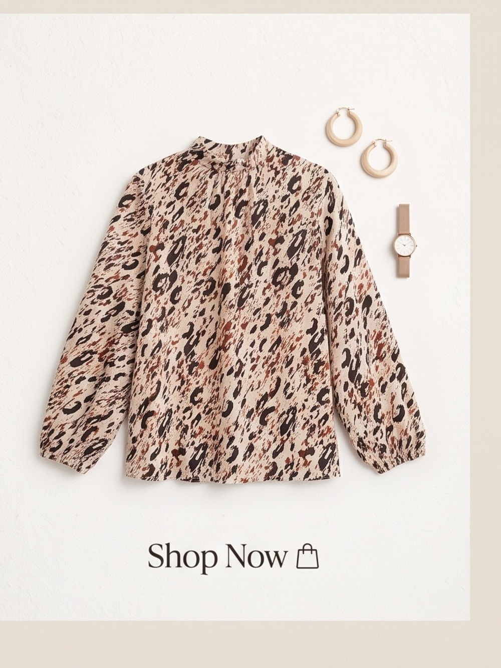 Jennifer Lopez Beige and Black Animal Print Long-Sleeve Blouse - Picture 3 of 5